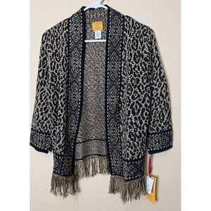 NWT'S‎ Ruby Rd Black Gold Metallic Leopard Fringe Lighweight Open Front PS Small